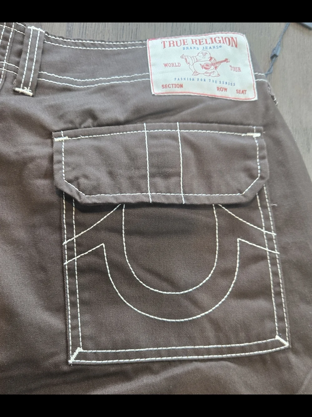True Religion Mens Baggy SN Cargo Pants 34 Java Brown White Contrast Stitch NWT